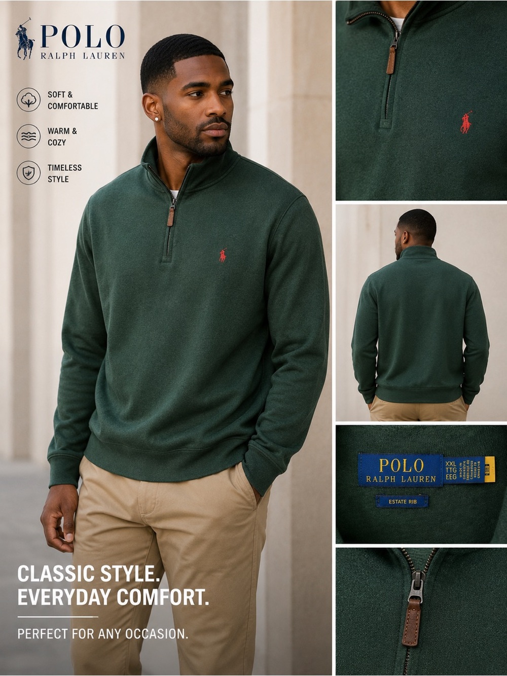 Polo Ralph Lauren Forest Green Half-Zip Sweater with Red Pony